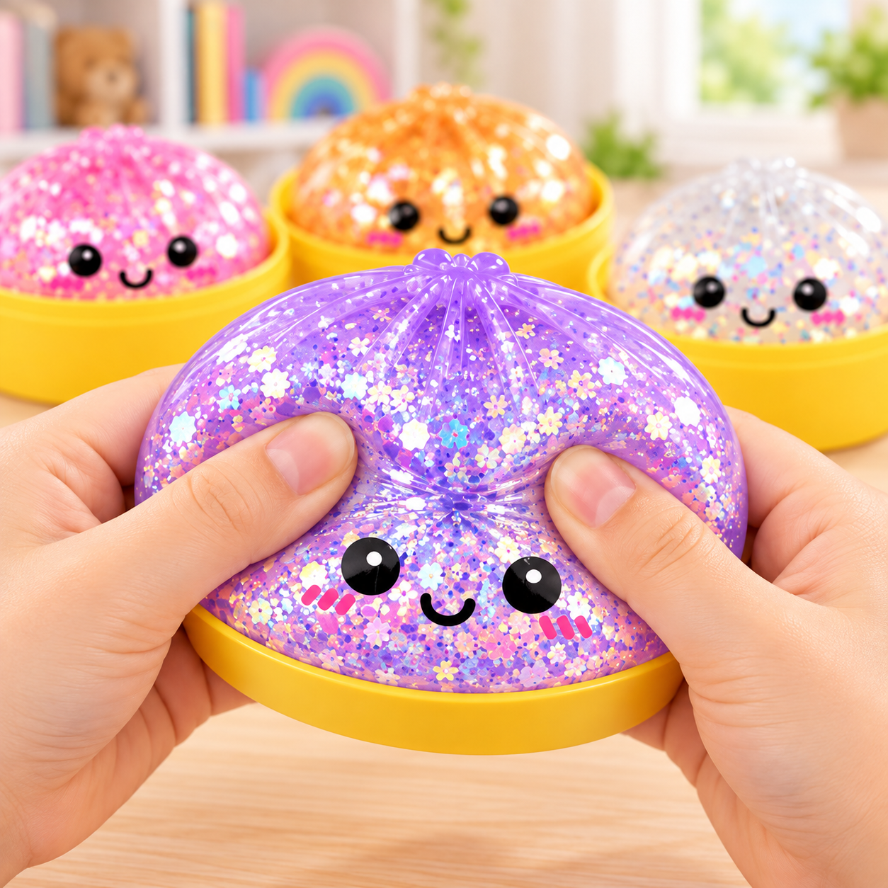 Detalhe do squishy roxo sendo apertado com as mãos