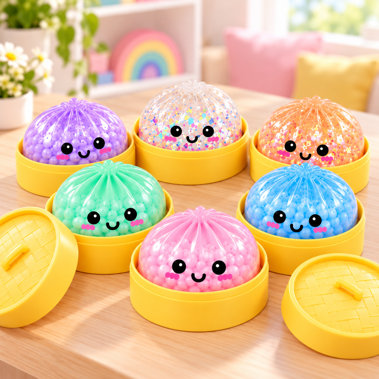 Modelos de squishies coloridos em suas bases