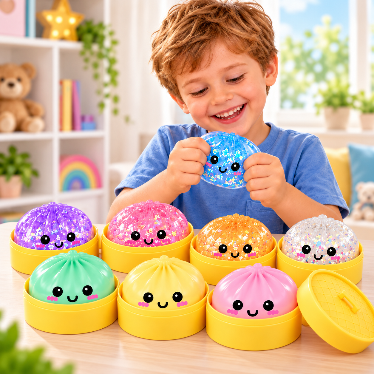 Criança segurando um squishy azul